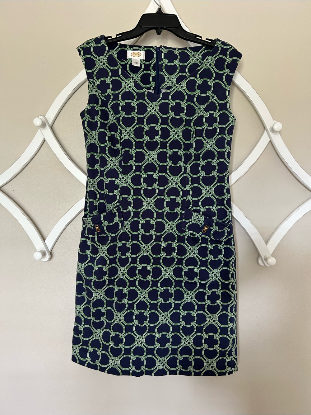 Talbots Navy Sheath Dress with Green Link Print